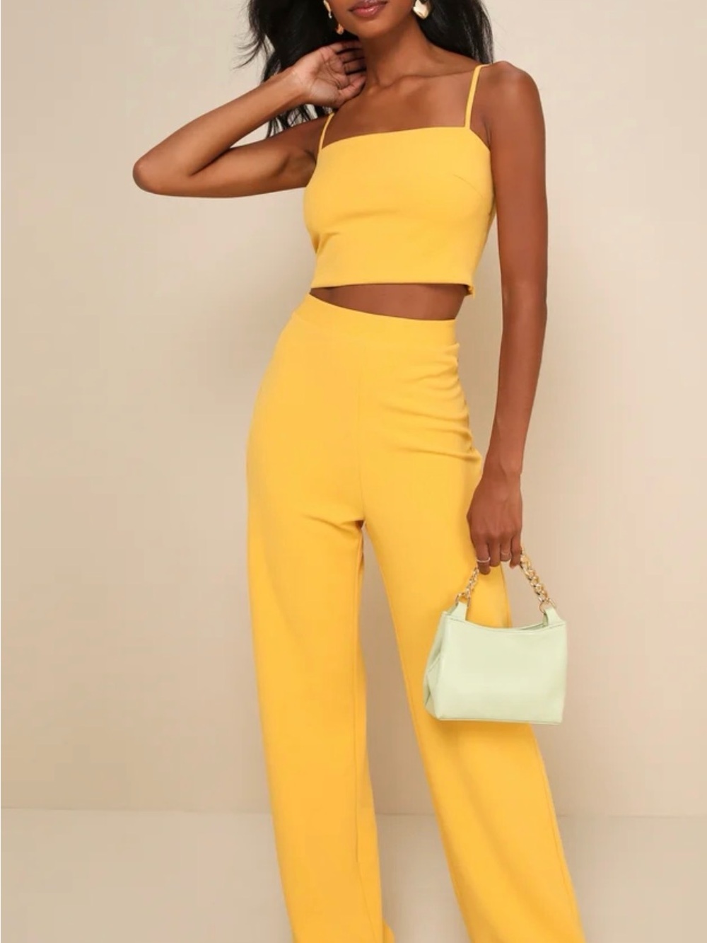 Lulu's Yellow High-Waist Wide-Leg Pants with Matching Crop Top